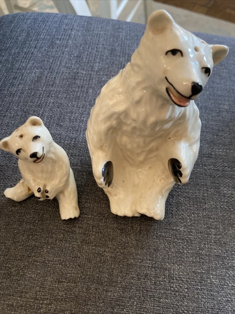 Vintage Ceramic Arts Studio White Mother Bear & Baby Shaker Madison Wis. 5”