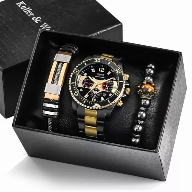 Fashion Men's Jewelry Bracelet Set with Alloy Date Quartz Analog Wrist Watch Box