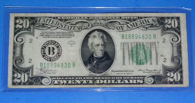 *1934 A $20 ~Frn B- New York! Dark Blue Green Seal, Vf. Circ.!  Old Us ! Nice !