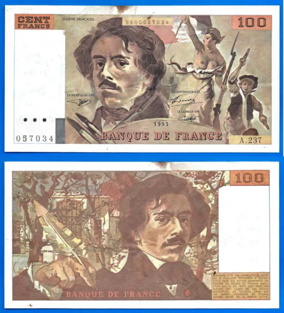 France 100 Francs 1993 Delacroix Serie A Europe Frcs Frs Free Shipping Worldwide