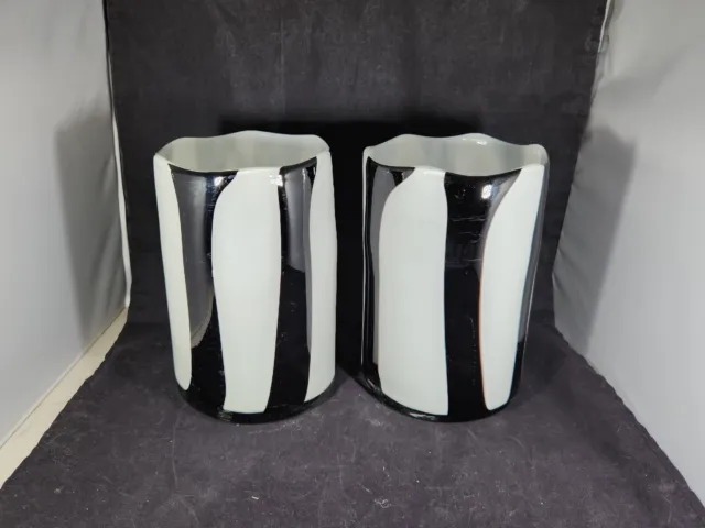 Set Of 2 MCM Italian Hand Blown Art Glass Vases, Black & White Vertical Stripes