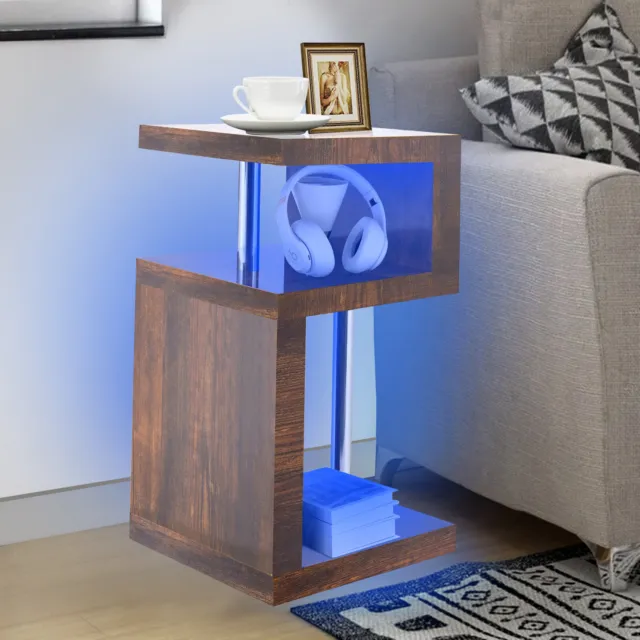 High Gloss Side Coffee Table 2 Tier Bedside End Table With LED Light Living Room