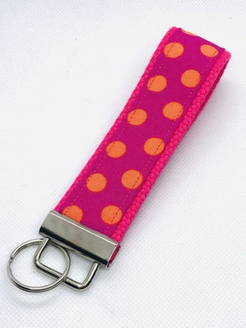 Key Fob Hand Made/ Pink/ Orange Polka Dot Fabric/ Wristlet