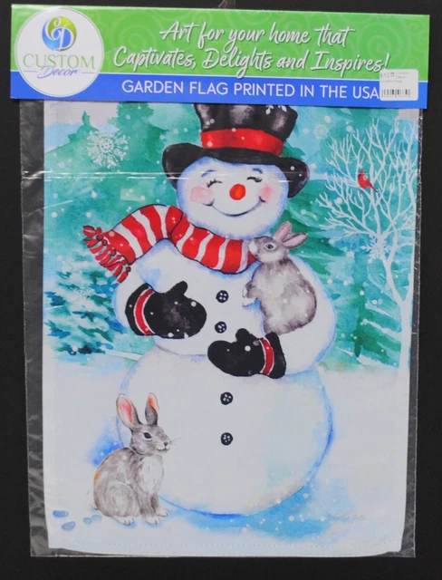 Custom Décor Christmas Decorative Garden Flag Happy Snowman & Bunnies, New