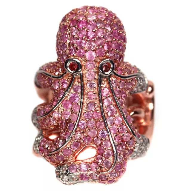 Gmestone Pink Sapphire & White Zircon Octopus Ring 925 Silver Sterling