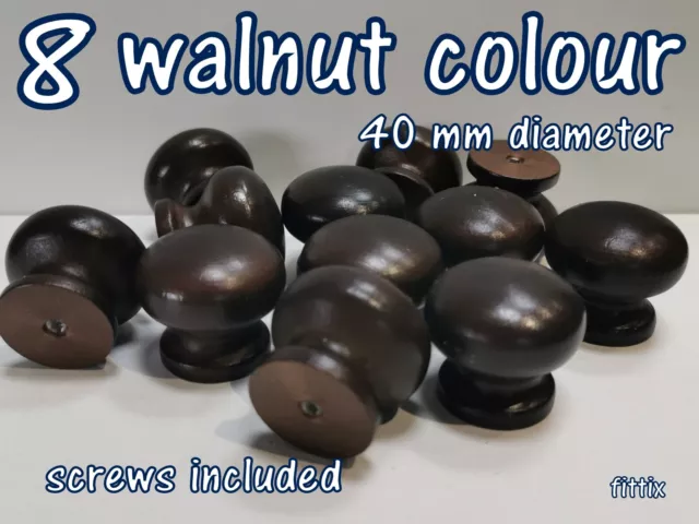 8 x boutons en bois couleur noyer portes de cuisine armoires 40 mm de diamètre bois