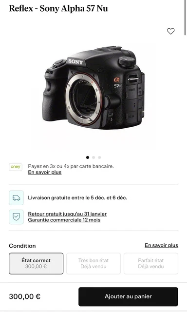 Sony Alpha SLT-A57 – Boîtier Appareil Photo Reflex Numérique – Noir – Occasion
