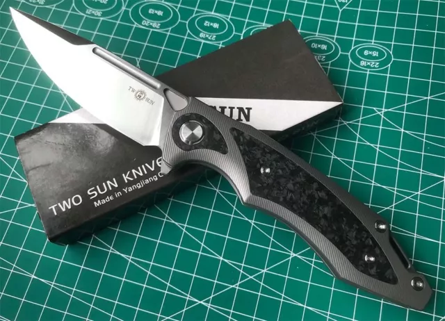 Twosun Folding Knife Titanium/Carbon Fiber Handle 14C28N Plain Edge Ts211-Satin