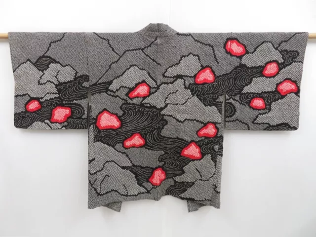 3403T11z470  Japanese Kimono Silk SHIBORI HAORI Wave Black