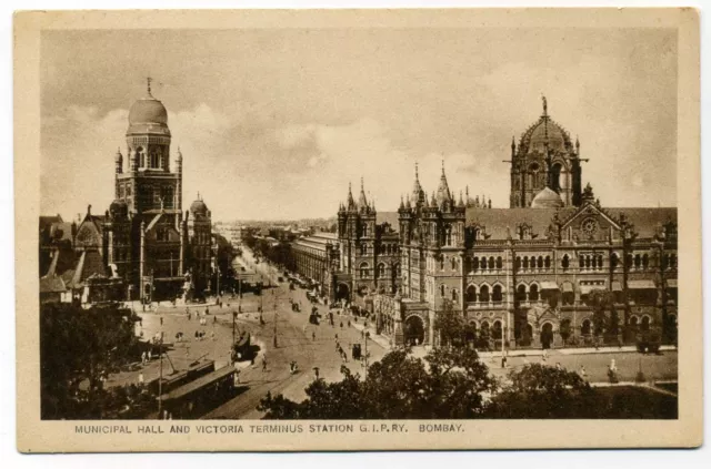 India postcard of Municipal Hall and Victoria Terminus Station G.I.P.RY Bombay