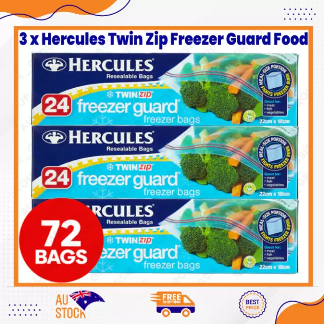 3 x Hercules Twin Zip Freezer Guard Food Storage Bags Fully Resealable 24-Pack