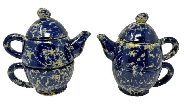 Two Vintage Bennington Agate Blue Sponge Ware Tea For One Teapot & Cup Sets