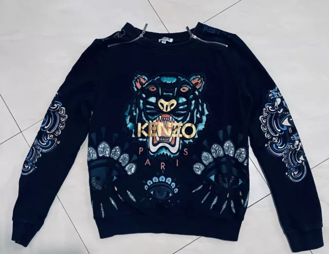 KENZO Paris Jungle Tiger Sweatshirt Black Kid Size Medium - Zippers on Shoulders