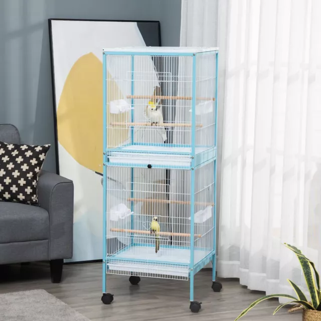 2 In 1 Large Bird Cage Aviary with Wheels, Slide-out Trays Wood Perches, Blue