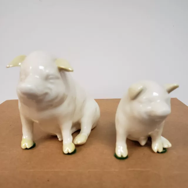 Vtg Belleek Pig Figurine Ireland Cream Yellow Porcelain Green 6th Mark See Chips