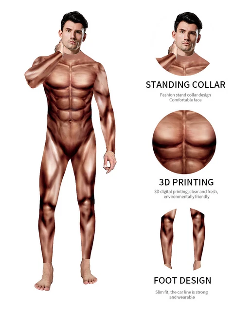 3D Print Men Muscle Cosplay Jumpsuit Costume Lifelike Halloween Party Bodysuit