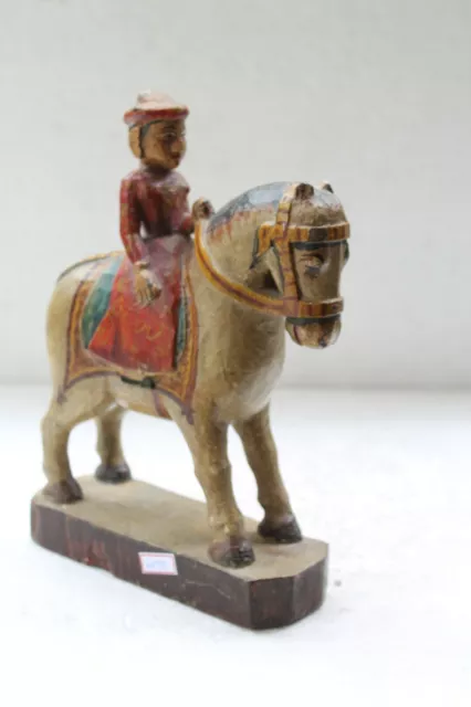 Antique Hand Carved Fine Colored Mughal Original Horse With Rider Statue NH6079