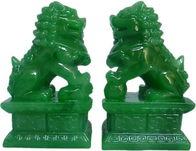 Feng Shui Porsperity Statues 2 PCS Fu Foo Dogs Pair of Green Guardian Lion