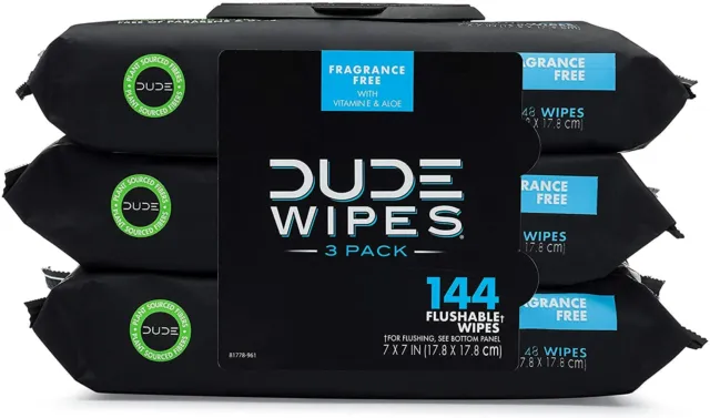 Dude Wipes - 3 Pack of 48 - 144 flushables wipes - Fragrance Free with vitamin e