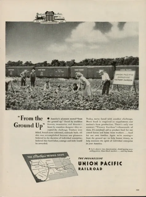 1944 Train Rail Union Pacific Railroad 1940s Vintage Print Ad Victory Garden