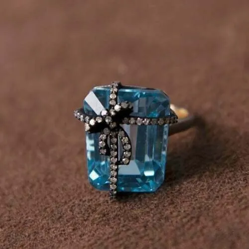 Blau Topas Edelstein Ring 925 Sterlingsilber Pflastern Diamant Designer