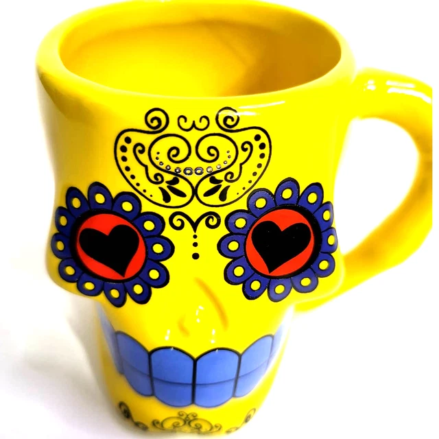 Sugar Skull Mug yellow Hand Painted 3 1/2 x 4 x 4  shaped like skull