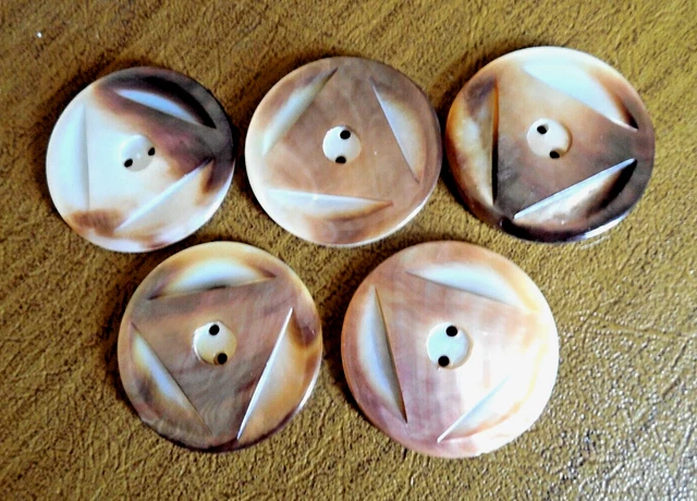 Six Large Vintage MOP Brown and White Coat Buttons 1  3/4"