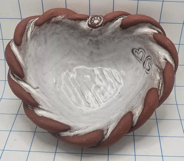 Art Pottery Signed 2006 Braded Edge White Glaze Red Clay Terra Cotta Heart Bowl