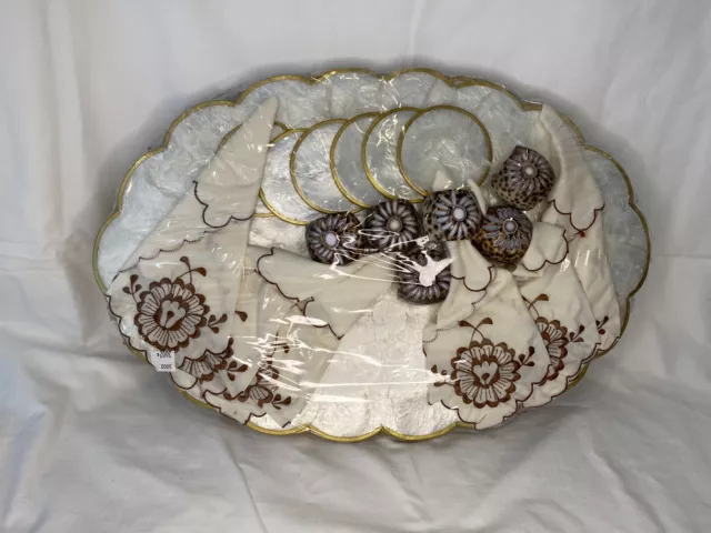 Vintage Mother of Pearl Capiz Placemat Coaster Shell Napkin Ring Set for 6