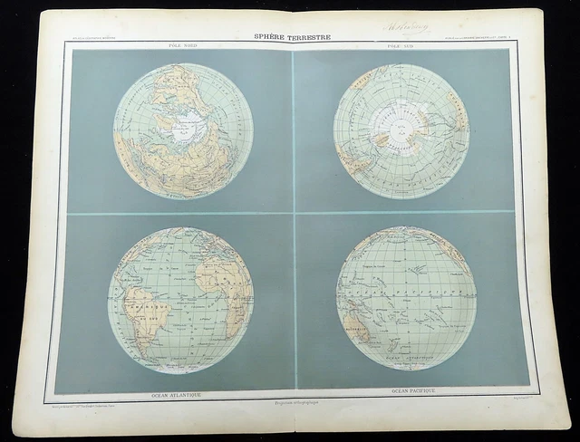 ANTIQUE MAP OF The World Globe Hemisphere North Pole South Polar antique-map-of-the-world-globe-hemisphere-north-pole-south-polar