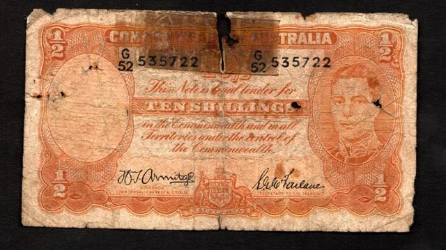 Commonwealth of Australia King George VI 10 Shillings Banknote Poor VERY SCARCE