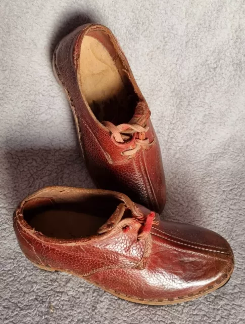 Vintage Leather Childs Shoes Clogs, Red Brown,  App 17cms Length Antique