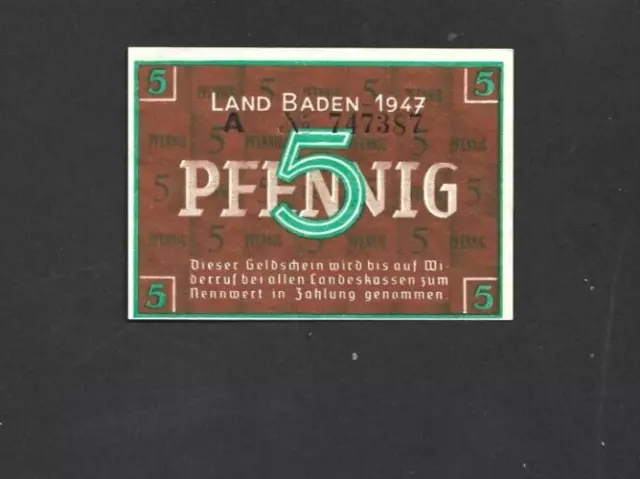 5 Pfennig Unc  Banknote From French Occupied Germany/Baden  1947 Pick-S1001