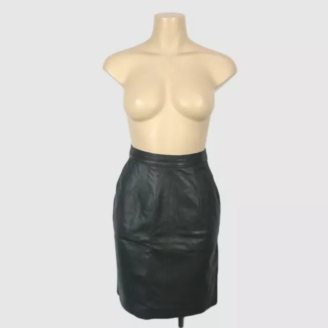 Vintage Women's Genuine Leather Mini Skirt Black Pencil High Waist XS Size 6