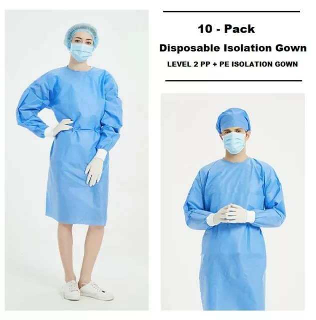 10-Pack Medical Disposable Isolation Gown, Level 2 PP + PE Universal Size 