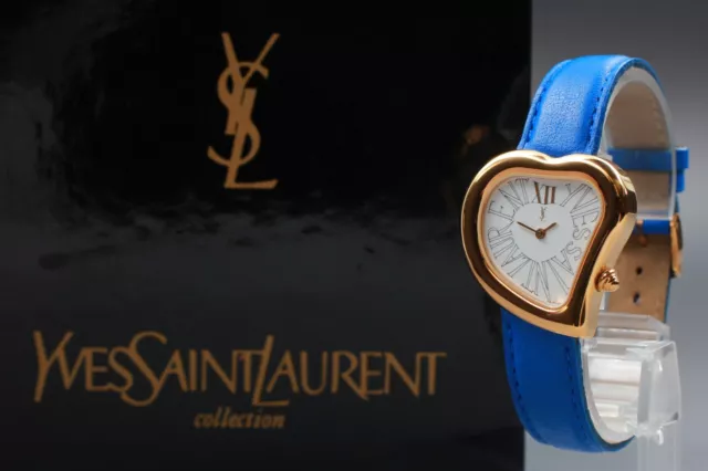NEAR MINT BOX Yves Saint Laurent Heart YSL Blue Women's Quartz Watch ...
