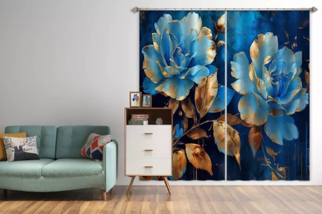 3D Golden Blue Flowers Photo Blockout Curtain Fabric Window Erin 2024