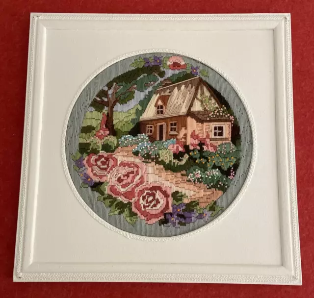 Framed Long Stitch Tapestry w Floral Country Cottage Pattern Wall Hanging Art