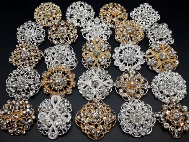 24pc Lot Mixed Gold Silver Rhinestone Crystal Brooches Pins DIY Wedding Bouquet