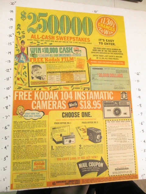 Anuncio de periódico 1966 cámara KODAK $250.000 sorteo Instamatic 104 UFC chica L