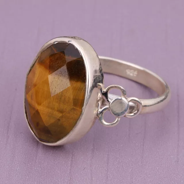 Marron Tigre Eye Fait à la Main Rond Pierre Précieuse Bague 925 Argent Sterling