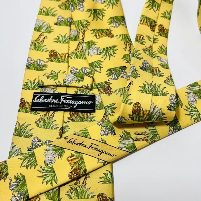 Salvatore Ferragamo Yellow Silk Tie w Elephant,Lion,Giraffe&Zebra 57.5x3.675”