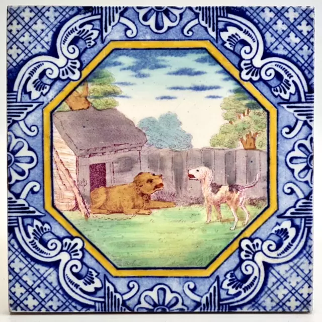 Victorian Tile Polychrome Two Dogs Dutch Border Minton Hollins & Co C1880