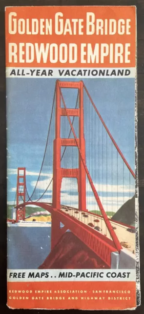 1950s Golden Gate Bridge Redwood Empire Map Mid-Pacific Coast Brochure Vintage