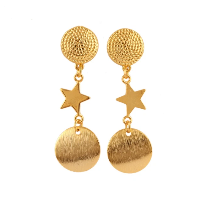 Round Brushed Finish Handmade Yellow Gold Plated Charms Star Drop Stud Earrings