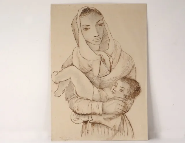 Dibujo Lápiz Karin Van Leyden Retrato Mujer Madre Niño Portugal 1931 Xx