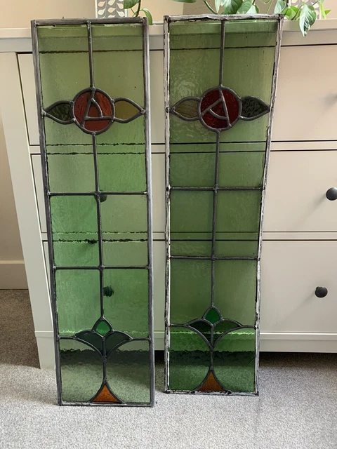 Beautiful Pair of Victorian stained glass door panels - green and red