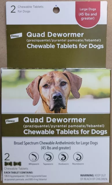 QUAD DEWORMER by Elanco for Large Dogs 45 + lbs 2 CHEWABLE TABLETS Bayer GENUINE