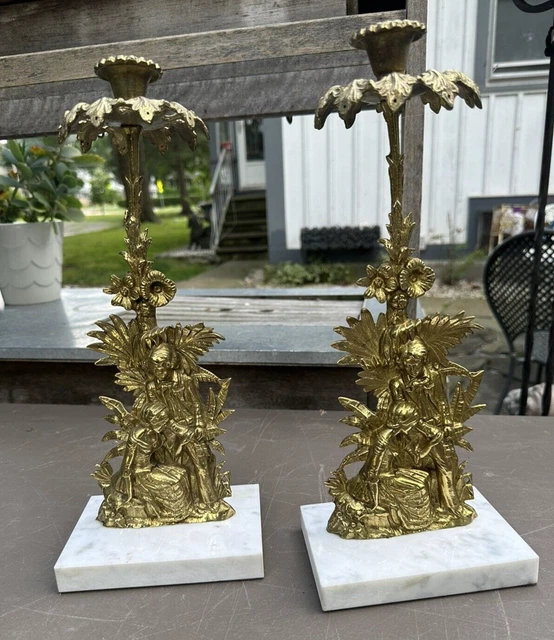 Pair Of Antique Victorian Cast Metal Figural Girandole Candlesticks