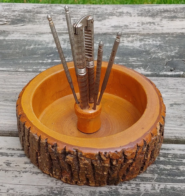 Vintage NUT CRACKER SET with 7" Wood LOG BARK BOWL, 1 Cracker & 4 Picks Vintage NUT CRACKER SET with 7" Wood LOG BARK BOWL, 1 Cracker & 4 Picks